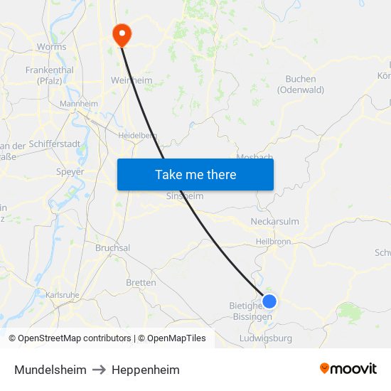 Mundelsheim to Heppenheim map