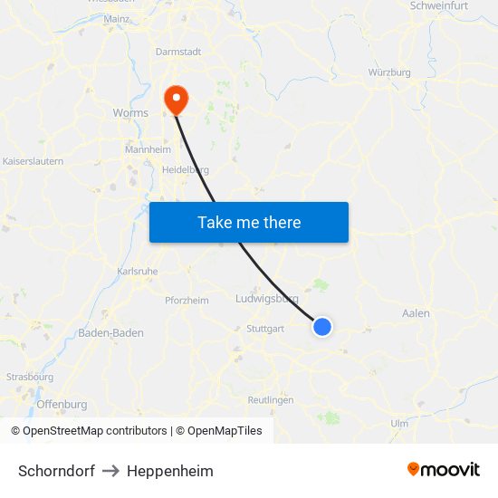 Schorndorf to Heppenheim map