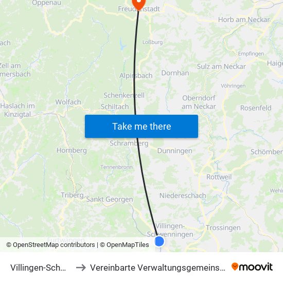 Villingen-Schwenningen to Vereinbarte Verwaltungsgemeinschaft Freudenstadt map