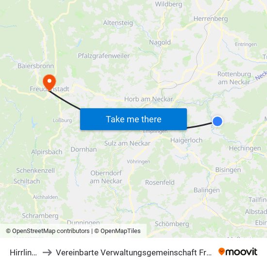 Hirrlingen to Vereinbarte Verwaltungsgemeinschaft Freudenstadt map