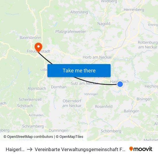 Haigerloch to Vereinbarte Verwaltungsgemeinschaft Freudenstadt map