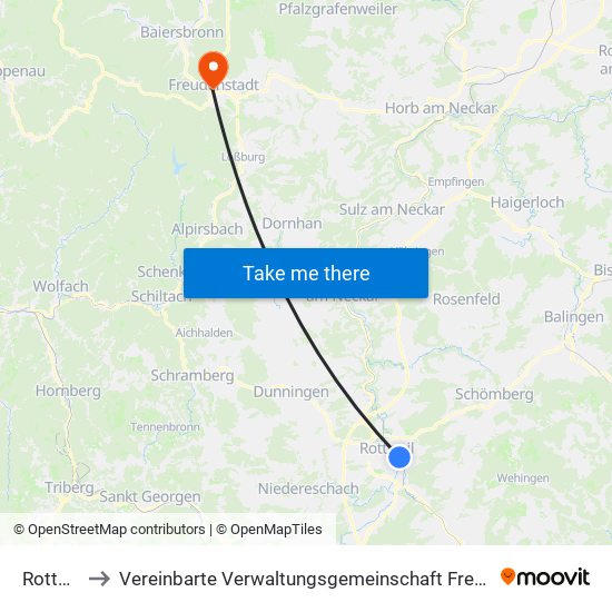 Rottweil to Vereinbarte Verwaltungsgemeinschaft Freudenstadt map