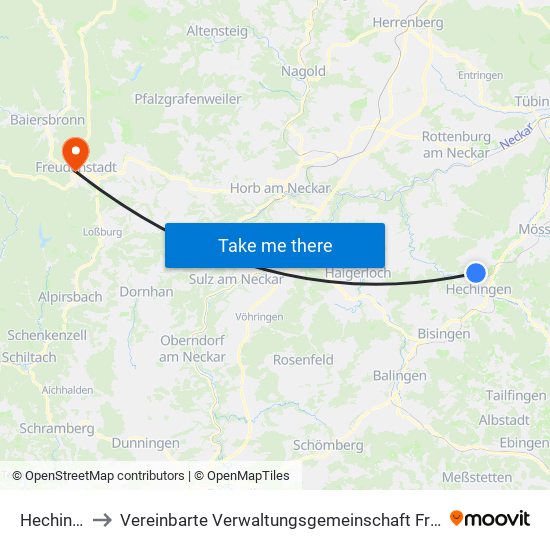 Hechingen to Vereinbarte Verwaltungsgemeinschaft Freudenstadt map