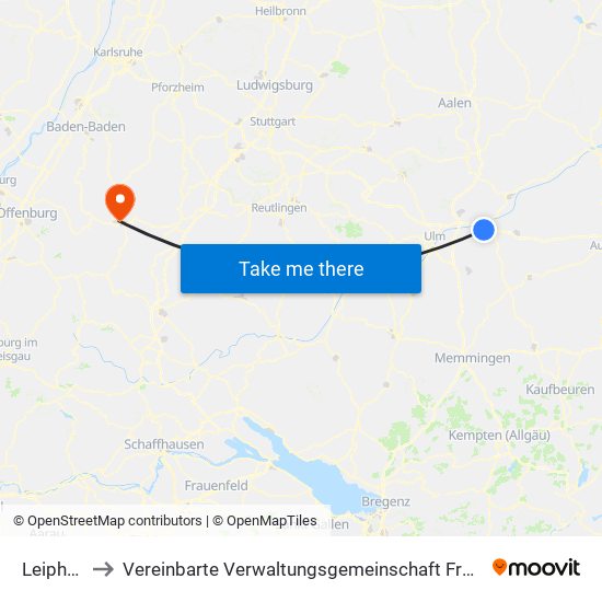 Leipheim to Vereinbarte Verwaltungsgemeinschaft Freudenstadt map
