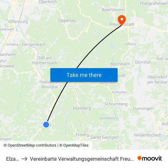 Elzach to Vereinbarte Verwaltungsgemeinschaft Freudenstadt map