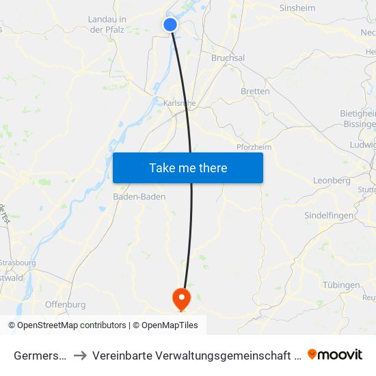 Germersheim to Vereinbarte Verwaltungsgemeinschaft Freudenstadt map