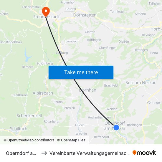 Oberndorf am Neckar to Vereinbarte Verwaltungsgemeinschaft Freudenstadt map