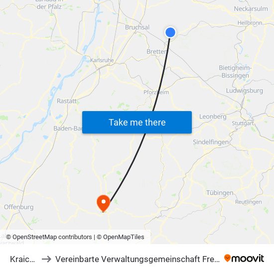 Kraichtal to Vereinbarte Verwaltungsgemeinschaft Freudenstadt map