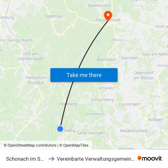 Schonach Im Schwarzwald to Vereinbarte Verwaltungsgemeinschaft Freudenstadt map