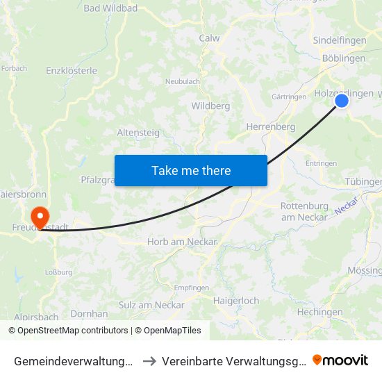 Gemeindeverwaltungsverband Holzgerlingen to Vereinbarte Verwaltungsgemeinschaft Freudenstadt map