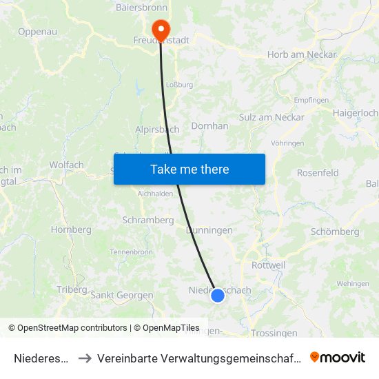 Niedereschach to Vereinbarte Verwaltungsgemeinschaft Freudenstadt map