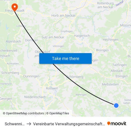 Schwenningen to Vereinbarte Verwaltungsgemeinschaft Freudenstadt map