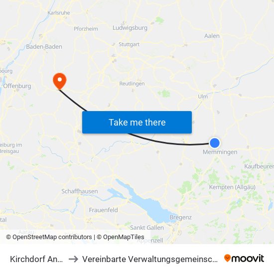 Kirchdorf An Der Iller to Vereinbarte Verwaltungsgemeinschaft Freudenstadt map