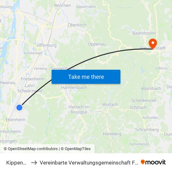 Kippenheim to Vereinbarte Verwaltungsgemeinschaft Freudenstadt map