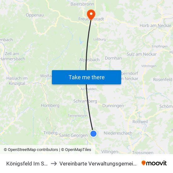 Königsfeld Im Schwarzwald to Vereinbarte Verwaltungsgemeinschaft Freudenstadt map
