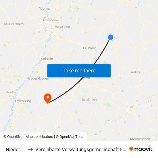 Niedernhall to Vereinbarte Verwaltungsgemeinschaft Freudenstadt map