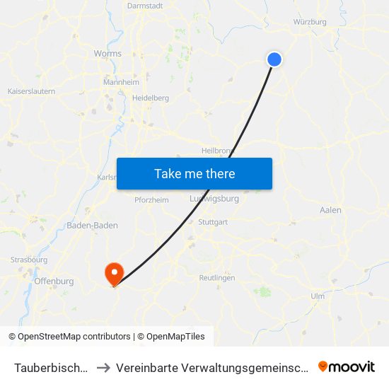 Tauberbischofsheim to Vereinbarte Verwaltungsgemeinschaft Freudenstadt map