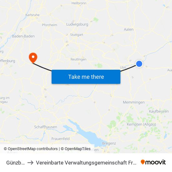 Günzburg to Vereinbarte Verwaltungsgemeinschaft Freudenstadt map