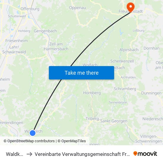 Waldkirch to Vereinbarte Verwaltungsgemeinschaft Freudenstadt map