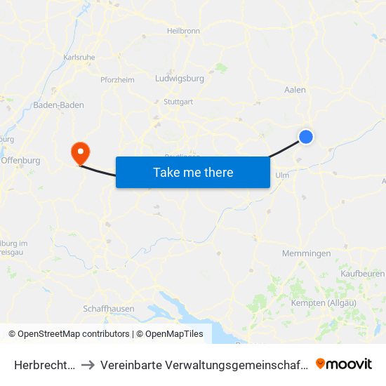 Herbrechtingen to Vereinbarte Verwaltungsgemeinschaft Freudenstadt map