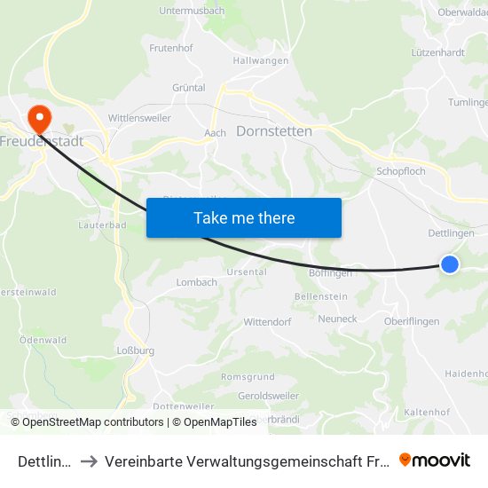 Dettlingen to Vereinbarte Verwaltungsgemeinschaft Freudenstadt map