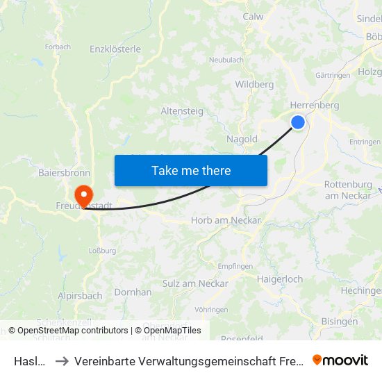 Haslach to Vereinbarte Verwaltungsgemeinschaft Freudenstadt map