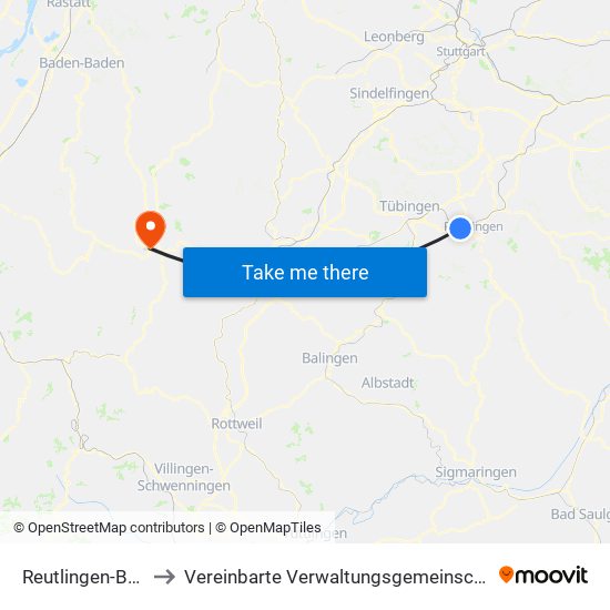 Reutlingen-Betzingen to Vereinbarte Verwaltungsgemeinschaft Freudenstadt map