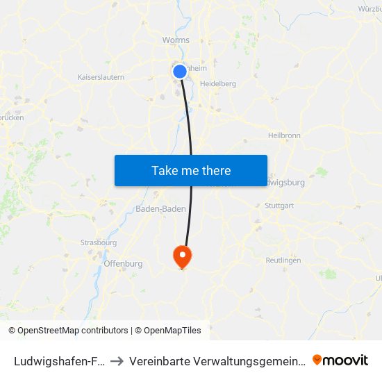 Ludwigshafen-Friesenheim to Vereinbarte Verwaltungsgemeinschaft Freudenstadt map