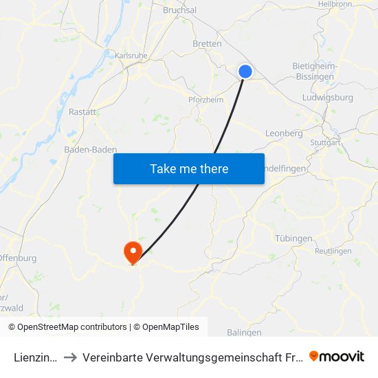 Lienzingen to Vereinbarte Verwaltungsgemeinschaft Freudenstadt map