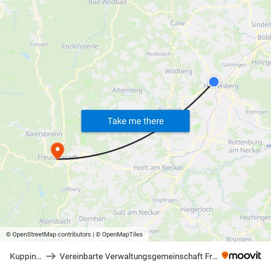 Kuppingen to Vereinbarte Verwaltungsgemeinschaft Freudenstadt map