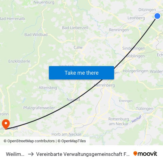 Weilimdorf to Vereinbarte Verwaltungsgemeinschaft Freudenstadt map