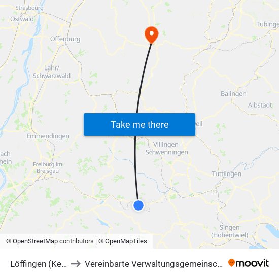 Löffingen (Kernstadt) to Vereinbarte Verwaltungsgemeinschaft Freudenstadt map