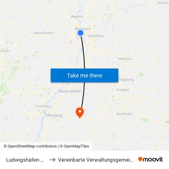 Ludwigshafen-Mundenheim to Vereinbarte Verwaltungsgemeinschaft Freudenstadt map