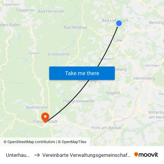 Unterhaugstett to Vereinbarte Verwaltungsgemeinschaft Freudenstadt map