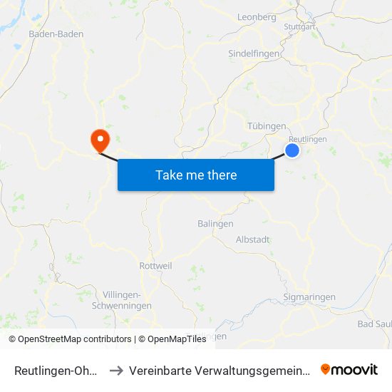 Reutlingen-Ohmenhausen to Vereinbarte Verwaltungsgemeinschaft Freudenstadt map