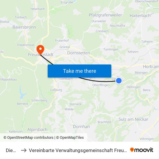Dießen to Vereinbarte Verwaltungsgemeinschaft Freudenstadt map