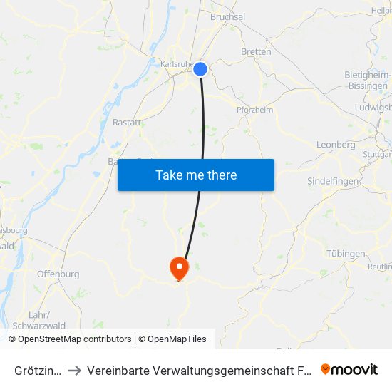 Grötzingen to Vereinbarte Verwaltungsgemeinschaft Freudenstadt map