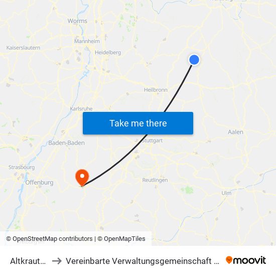 Altkrautheim to Vereinbarte Verwaltungsgemeinschaft Freudenstadt map