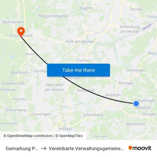 Gemarkung Pfeffingen to Vereinbarte Verwaltungsgemeinschaft Freudenstadt map