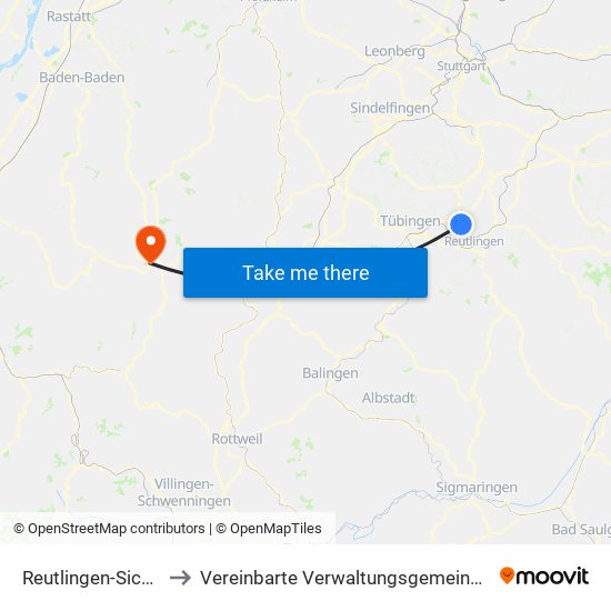 Reutlingen-Sickenhausen to Vereinbarte Verwaltungsgemeinschaft Freudenstadt map