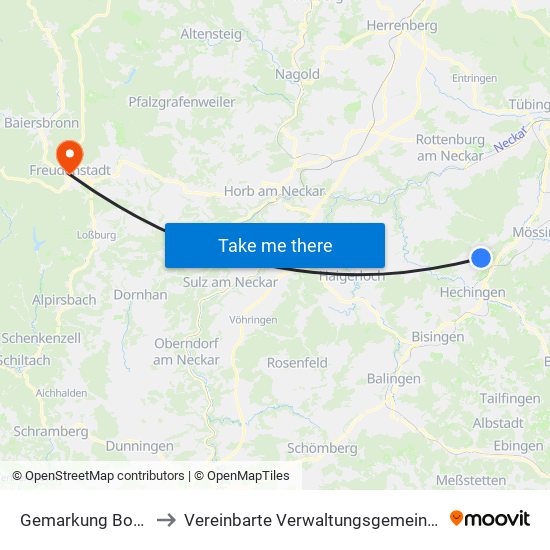 Gemarkung Bodelshausen to Vereinbarte Verwaltungsgemeinschaft Freudenstadt map