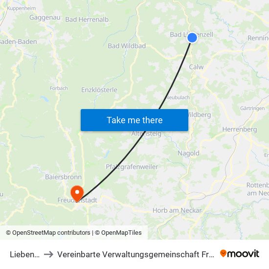 Liebenzell to Vereinbarte Verwaltungsgemeinschaft Freudenstadt map