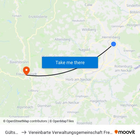 Gültstein to Vereinbarte Verwaltungsgemeinschaft Freudenstadt map