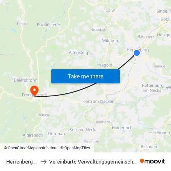 Herrenberg (Stadt) to Vereinbarte Verwaltungsgemeinschaft Freudenstadt map