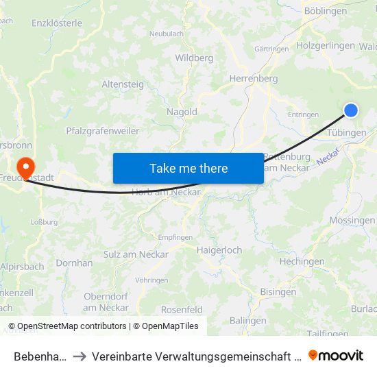 Bebenhausen to Vereinbarte Verwaltungsgemeinschaft Freudenstadt map