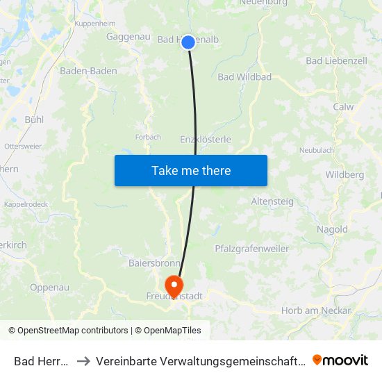 Bad Herrenalb to Vereinbarte Verwaltungsgemeinschaft Freudenstadt map