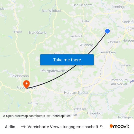 Aidlingen to Vereinbarte Verwaltungsgemeinschaft Freudenstadt map