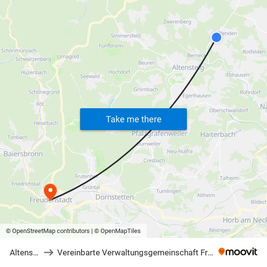 Altensteig to Vereinbarte Verwaltungsgemeinschaft Freudenstadt map