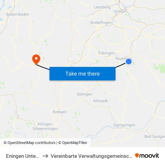 Eningen Unter Achalm to Vereinbarte Verwaltungsgemeinschaft Freudenstadt map