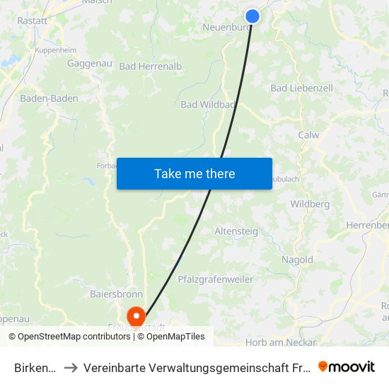 Birkenfeld to Vereinbarte Verwaltungsgemeinschaft Freudenstadt map